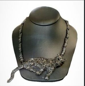 Natasha Bling Panther Necklace NWT Blackend Silvertone With Glass & Black CZ's